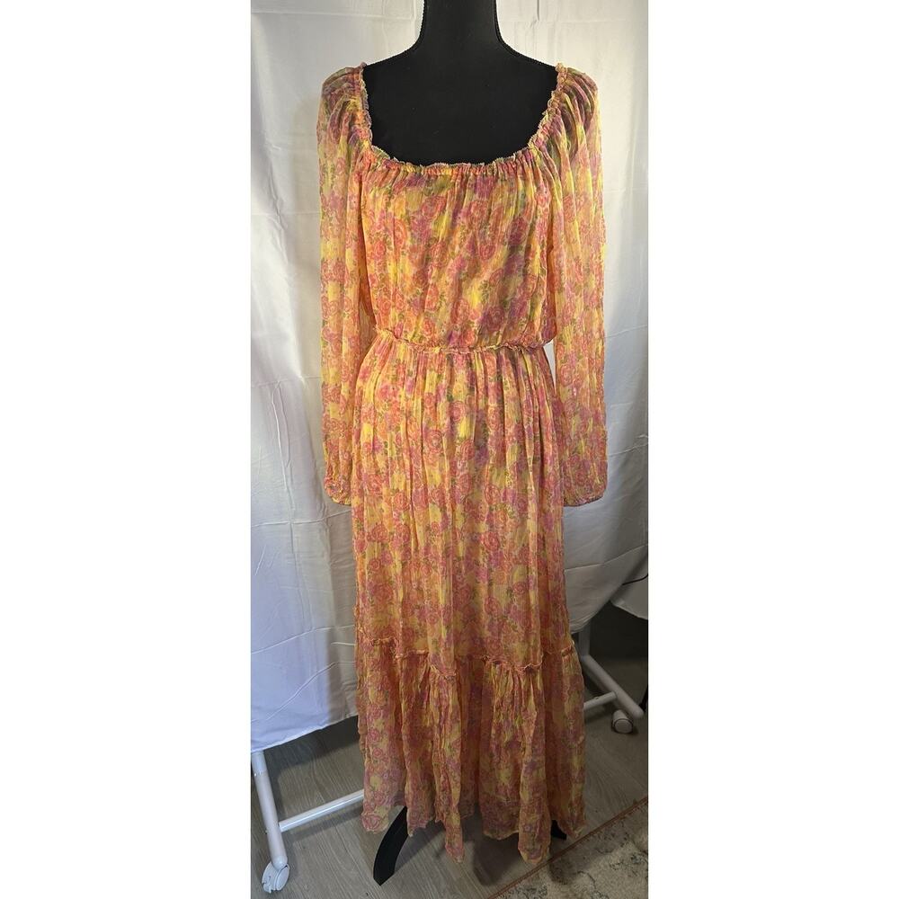 Sundance Sunburst Maxi Dress Off Shoulder Chiffon Long Sleeve Orange Sz PS